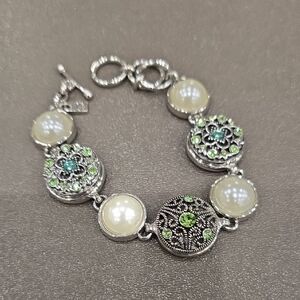 Silver-Tone Pearl and Green Crystal Station Bracelet